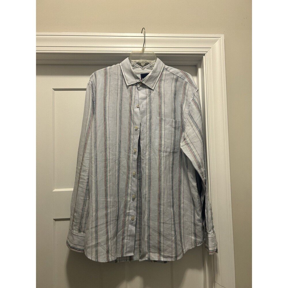 Tommy Bahama Men’s Size Large Blue Stripe Linen Blend Long Sleeve Buttoned Shirt